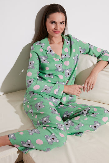 Lela Desenli Beli Lastikli Cep Detaylı Gömlek Yaka Dokuma Bayan Pijama Takımı 611PT288 YEŞİL