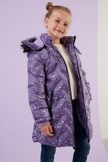 Lela Yakası Suni Kürklü Yıldız Desenli Çıkarılabilir Kapüşonlu Peluş Astarlı Kışlık Kız Çocuk Mont 5760050 LİLA