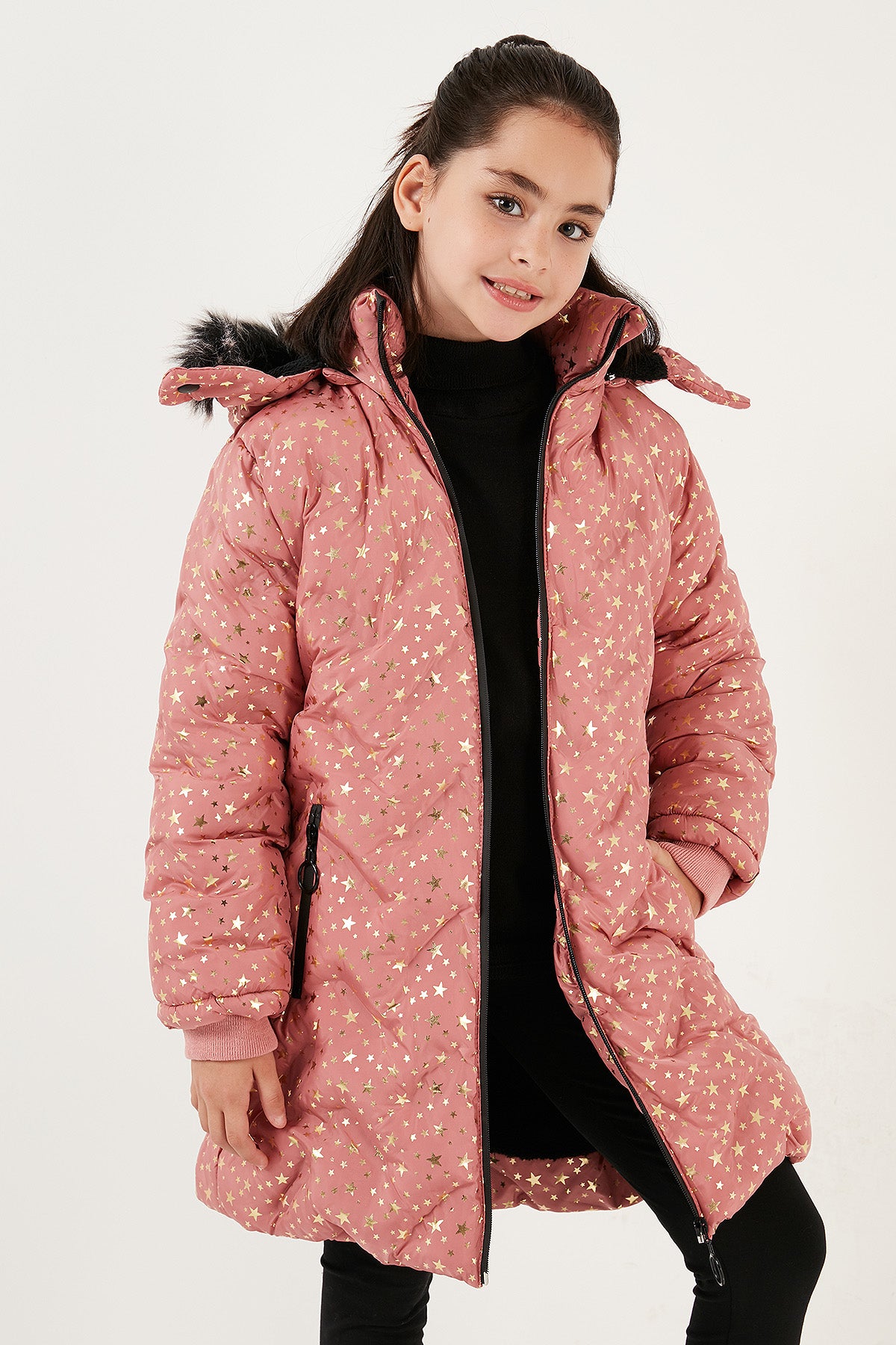 Lela Yakası Suni Kürklü Yıldız Desenli Çıkarılabilir Kapüşonlu Peluş Astarlı Kışlık Kız Çocuk Mont 5760050 GÜL KURUSU