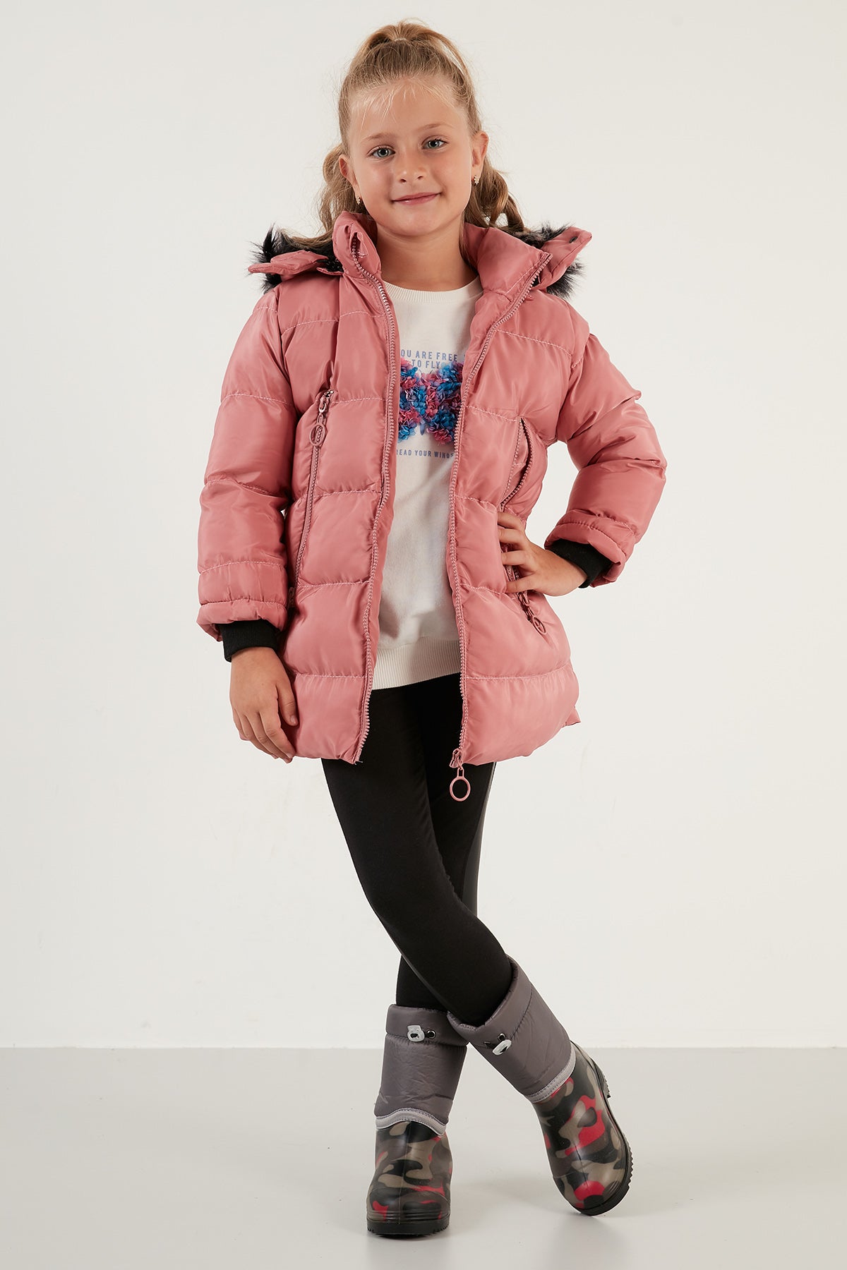 Lela Peluş Astarlı Yakası Suni Kürklü Çıkarılabilir Kapüşonlu Kışlık Kız Çocuk Mont 5766038 PUDRA