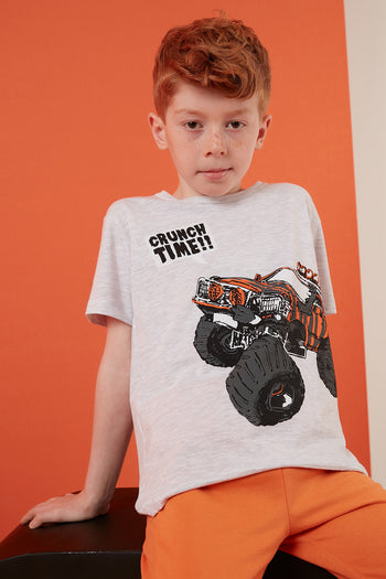 Lela Baskılı Bisiklet Yaka Pamuklu Erkek Çocuk T Shirt 6211008 GRİ MELANJ