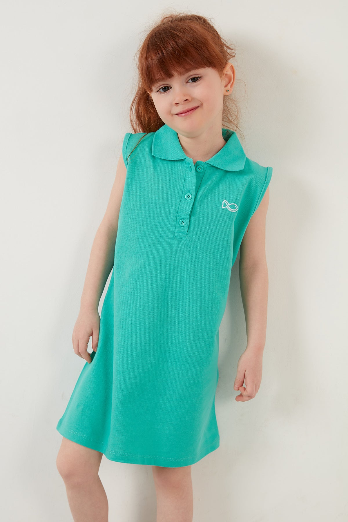 Lela Düğmeli Polo Yaka Pamuklu Kız Çocuk Elbise 5922610 YEŞİL